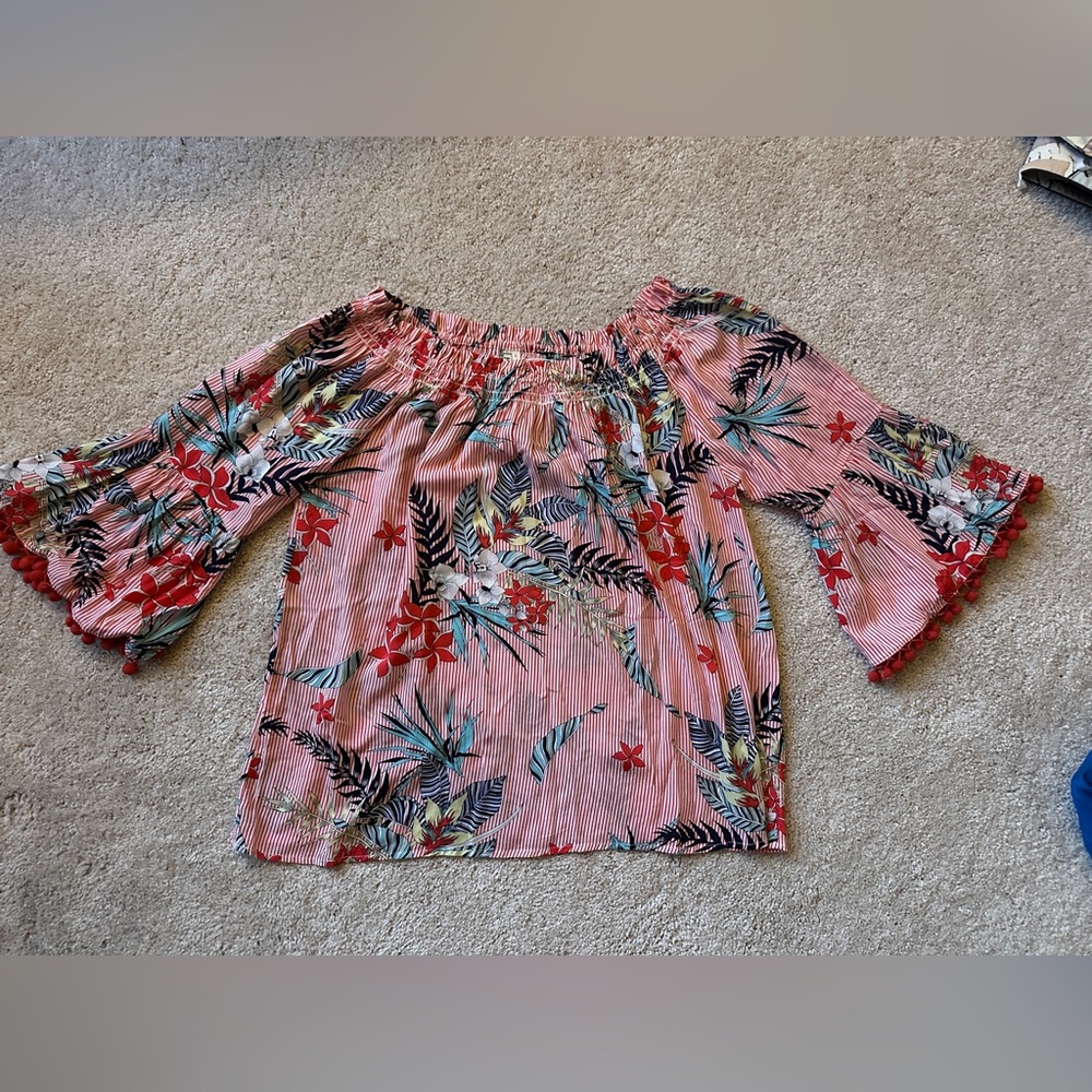 Fun & Floral Off-Shoulder Red Top
